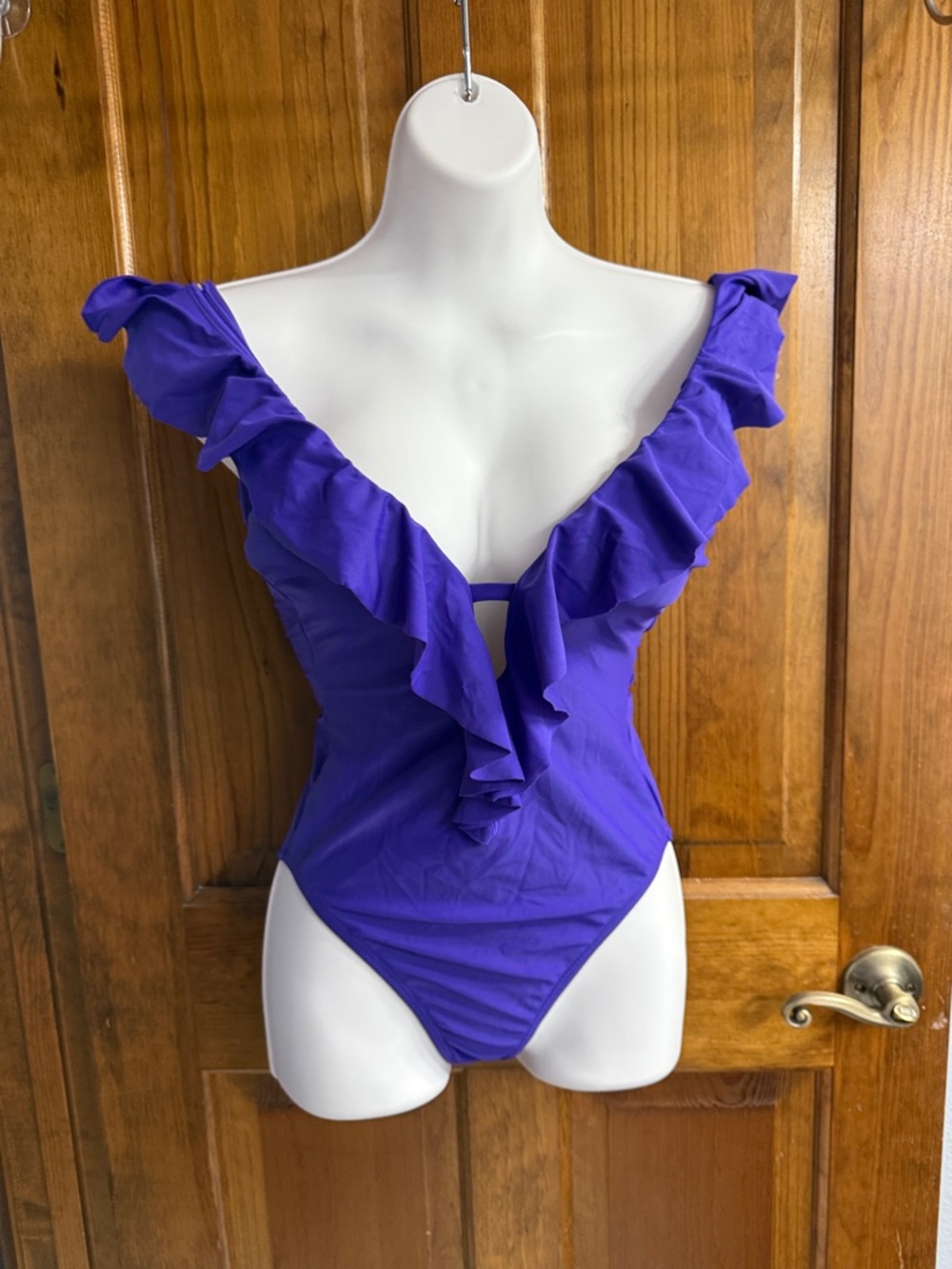 ABS Allen Schwartz Purple Ruffle One-Piece Swimsuit
